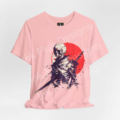 Shattered Warrior T-shirt by Ink Flux Designs featuring skeleton art on a pink jersey tee, ideal for style and comfort.