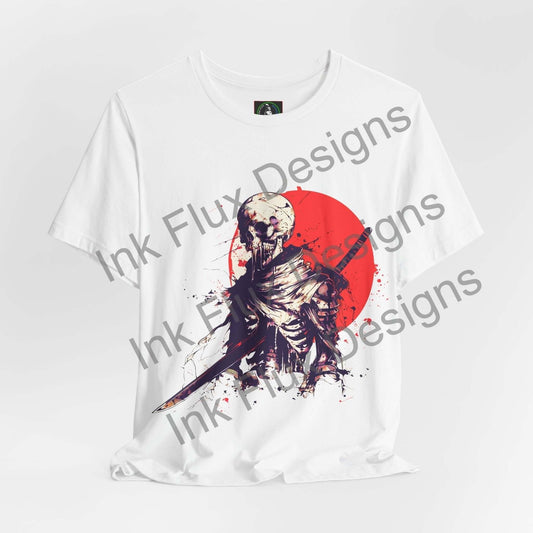 Shattered Warrior unisex jersey T-shirt by Ink Flux Designs featuring a striking design with a skeletal figure and red sun backdrop.