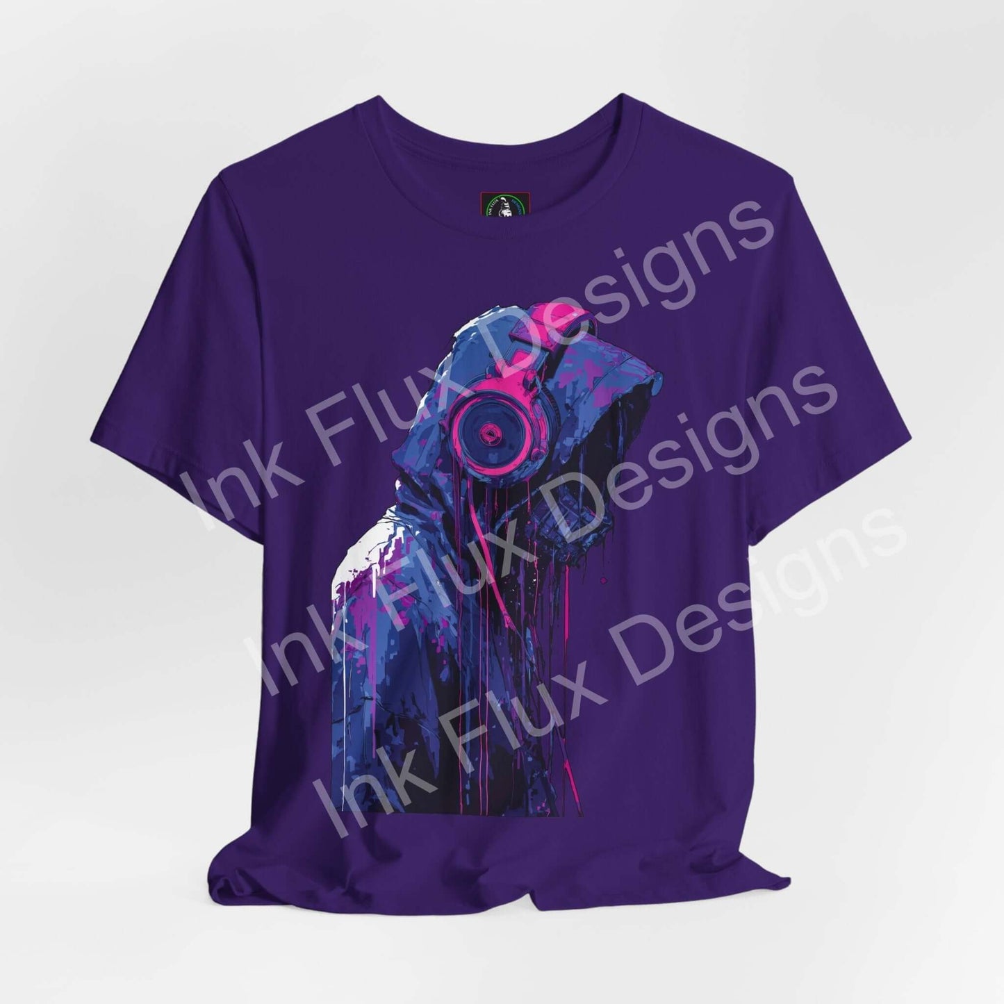 Signal Fade Cyberpunk T-Shirt featuring a hooded figure with headphones in neon colors