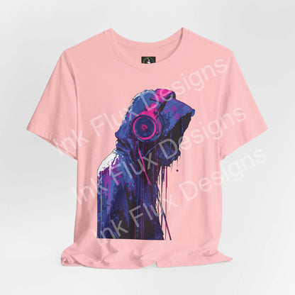 Signal Fade Cyberpunk T-Shirt showcasing a hooded figure with oversized headphones in vibrant neon colors.