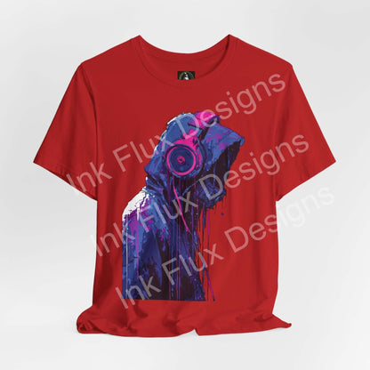 Red Cyberpunk T-Shirt featuring a hooded figure with oversized headphones and vibrant paint effects.