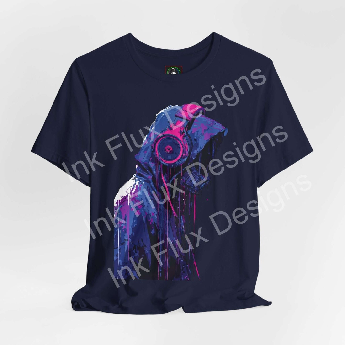 Cyberpunk T-Shirt featuring a hooded figure with oversized headphones and vibrant neon colors.