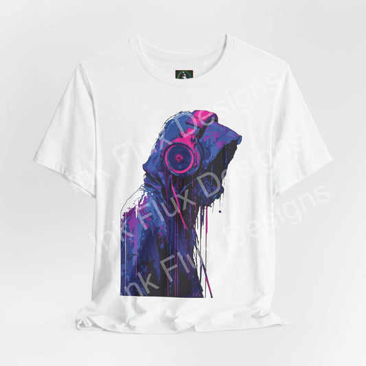 Signal Fade Cyberpunk T-Shirt showcasing a hooded figure with oversized headphones in vibrant colors.