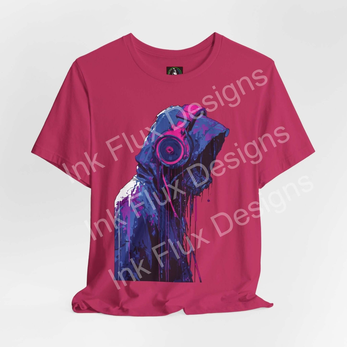 Cyberpunk T-Shirt featuring a hooded figure with headphones, designed with vibrant neon colors and dripping paint effects.