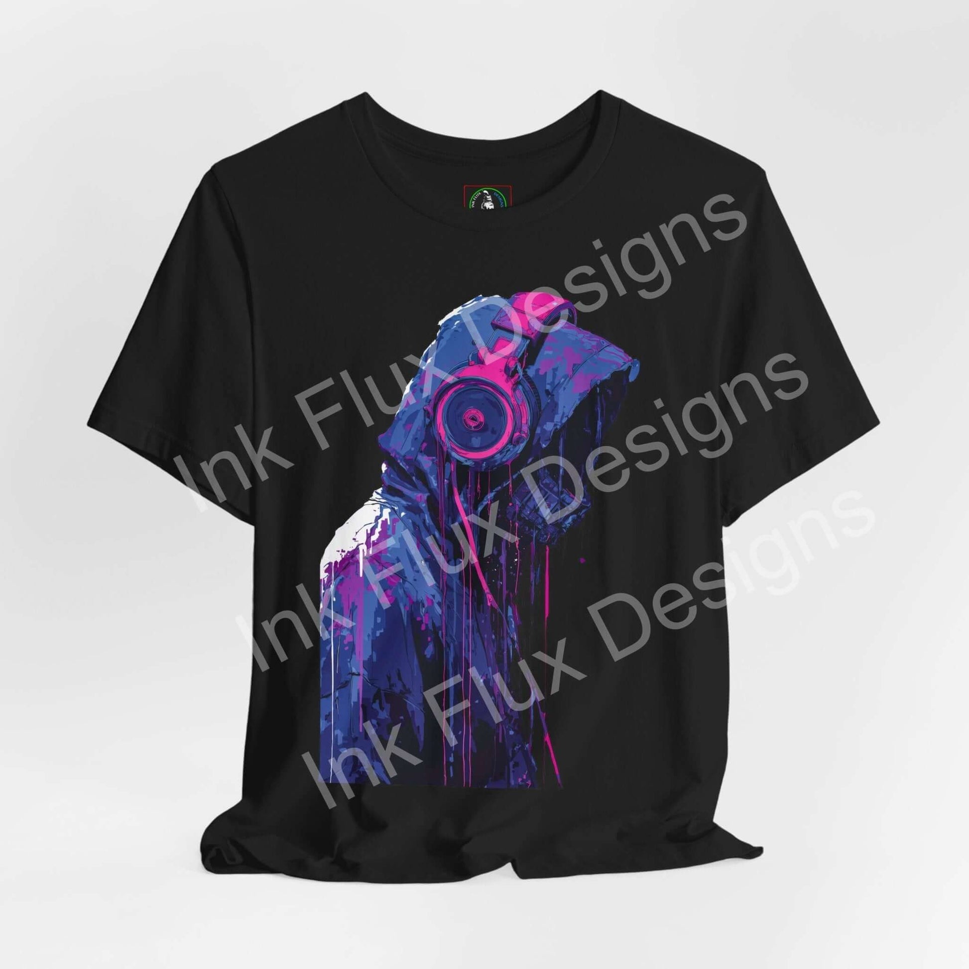 Cyberpunk T-Shirt featuring a hooded figure with oversized headphones in vibrant neon colors