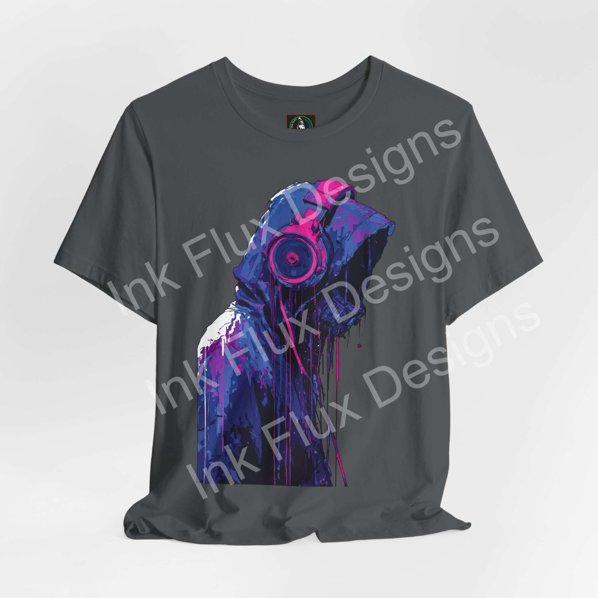 Signal Fade Cyberpunk T-Shirt featuring a hooded figure with headphones in neon colors.