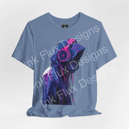 Signal Fade Cyberpunk T-Shirt featuring a hooded figure with headphones in vibrant colors.