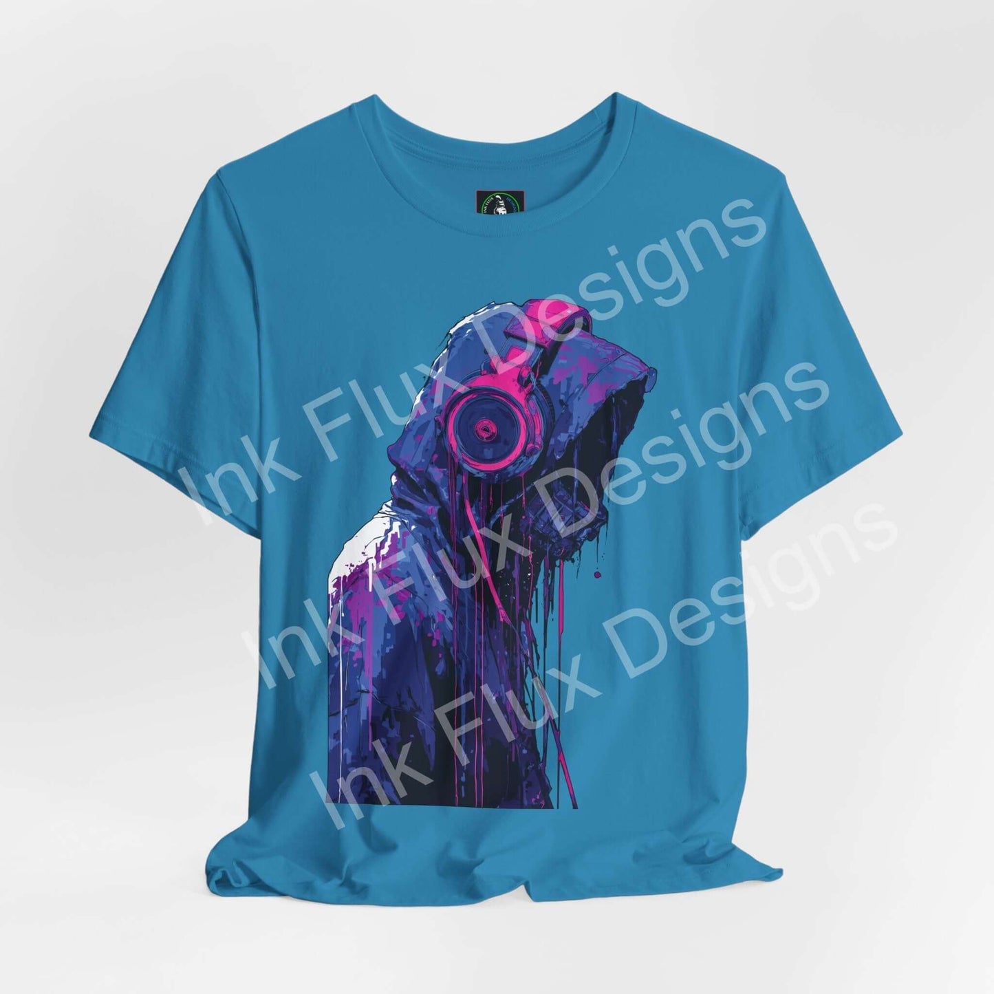 Cyberpunk T-Shirt featuring a hooded figure with oversized headphones and vibrant neon colors.