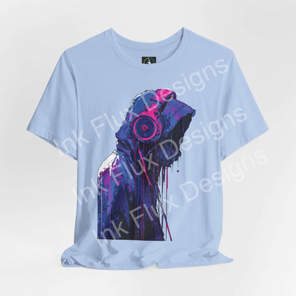Cyberpunk T-Shirt featuring a hooded figure with oversized headphones and colorful, dripping paint effects.