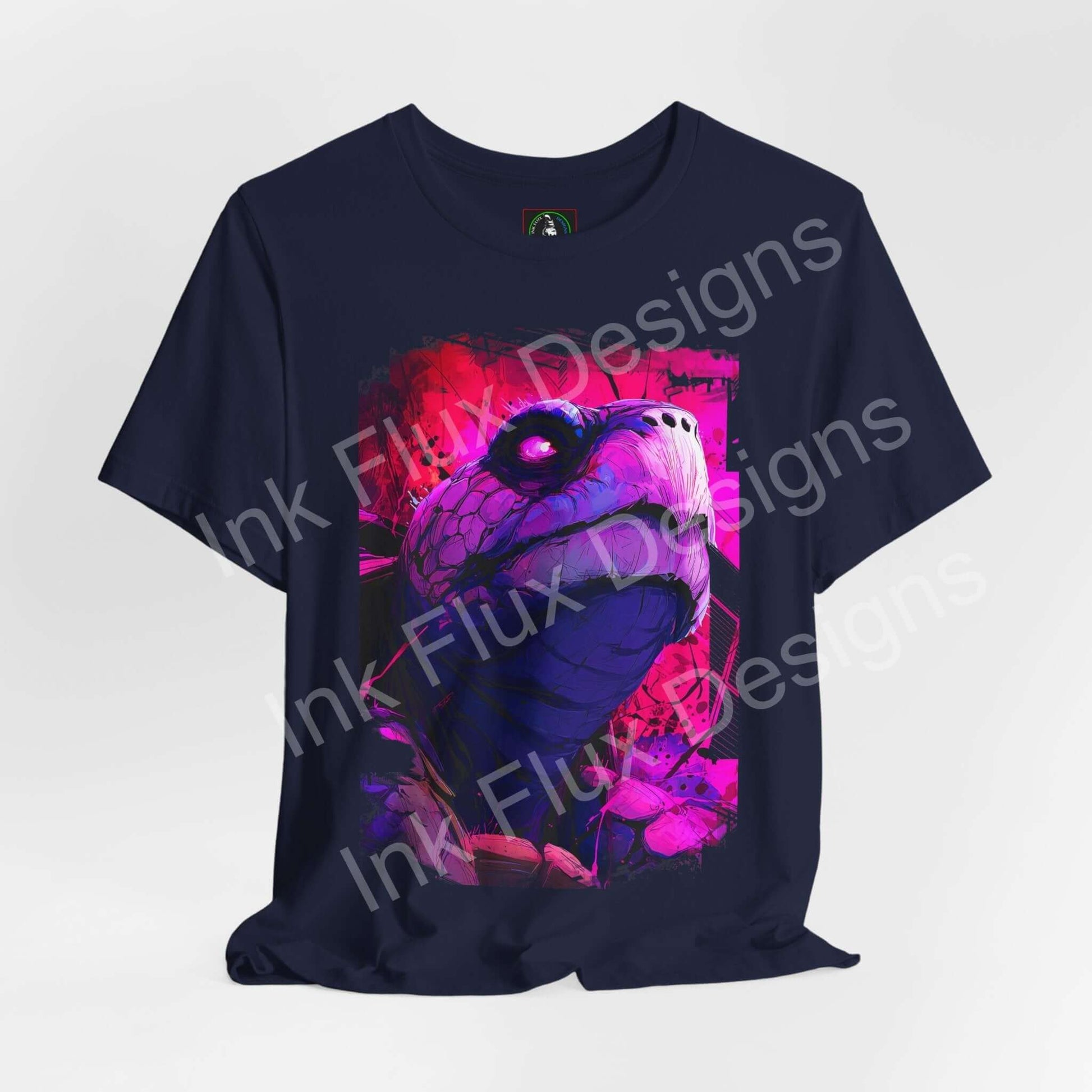 Spirit Animal T-Shirt featuring a vibrant turtle graphic design on a navy background.