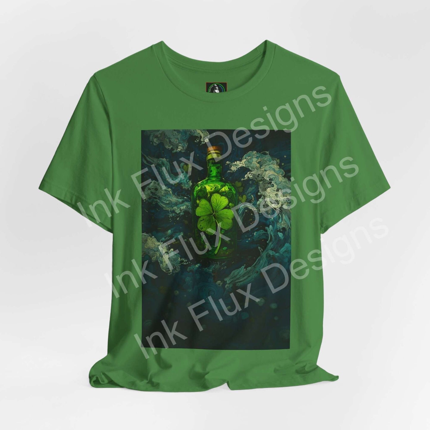 St. Patrick's Day T-Shirt featuring a shamrock brew bottle graphic on a vibrant green tee.