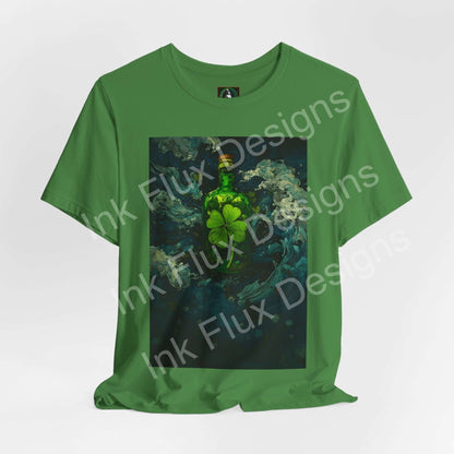 St. Patrick's Day T-Shirt featuring a shamrock brew bottle graphic on a vibrant green tee.