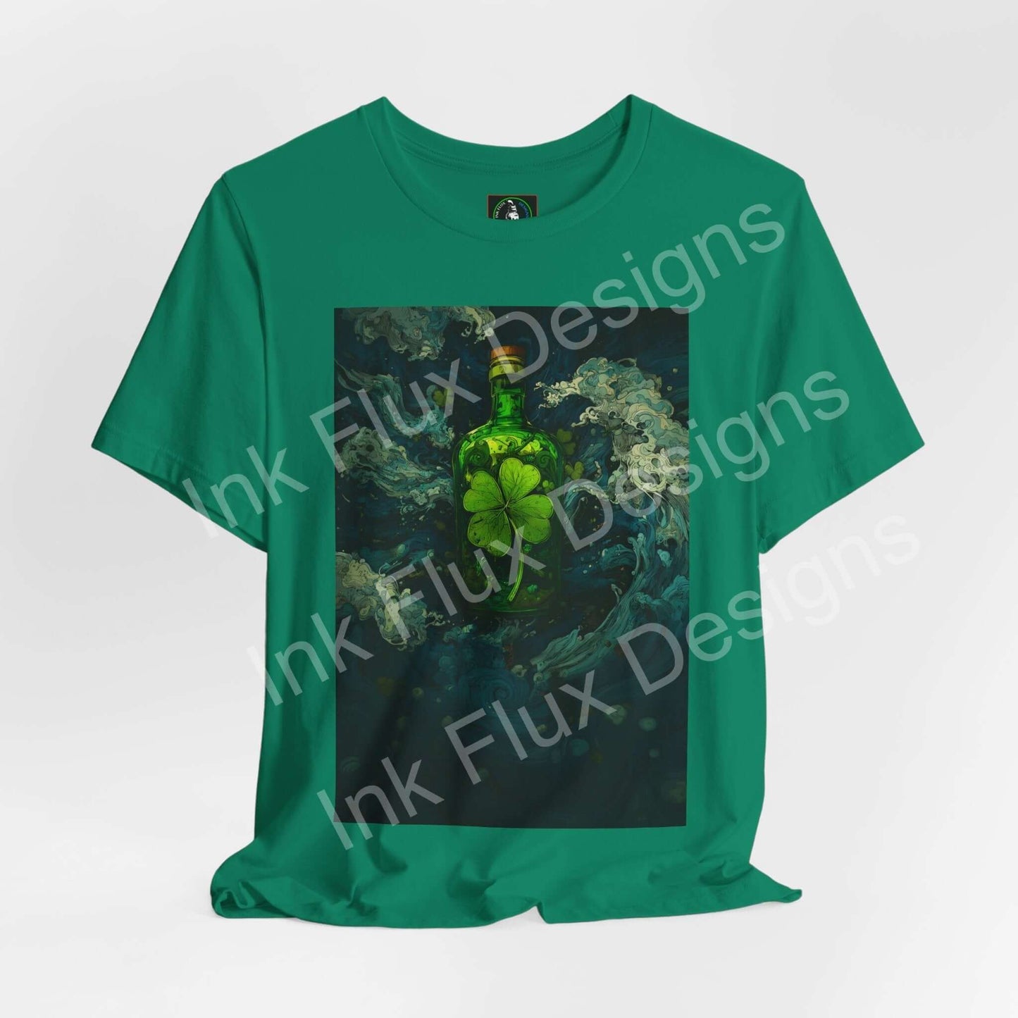 St. Patrick's Day T-Shirt featuring a Shamrock Brew bottle graphic design on a vibrant green tee.