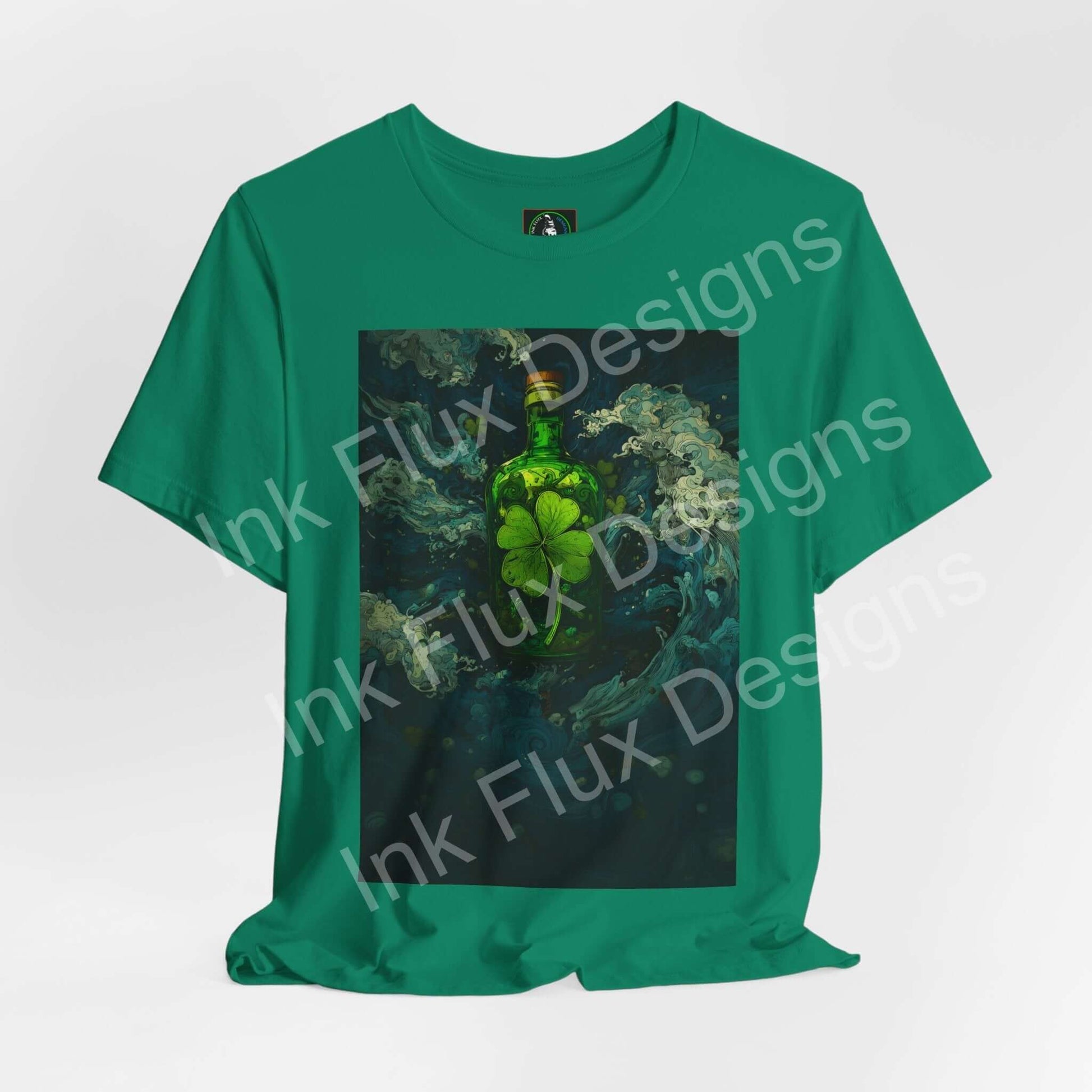 St. Patrick's Day T-Shirt featuring a Shamrock Brew bottle graphic design on a vibrant green tee.