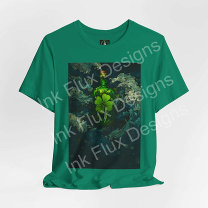 St. Patrick's Day T-Shirt featuring a Shamrock Brew bottle graphic design on a vibrant green tee.