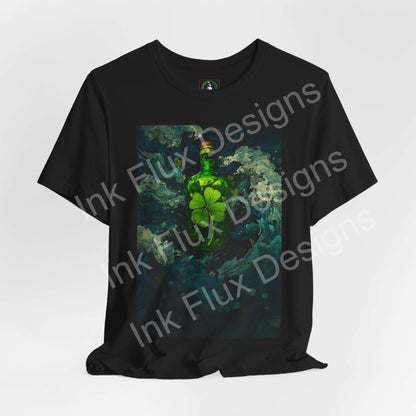 St. Patrick's Day T-Shirt featuring glowing shamrock brew bottle design on a black background.