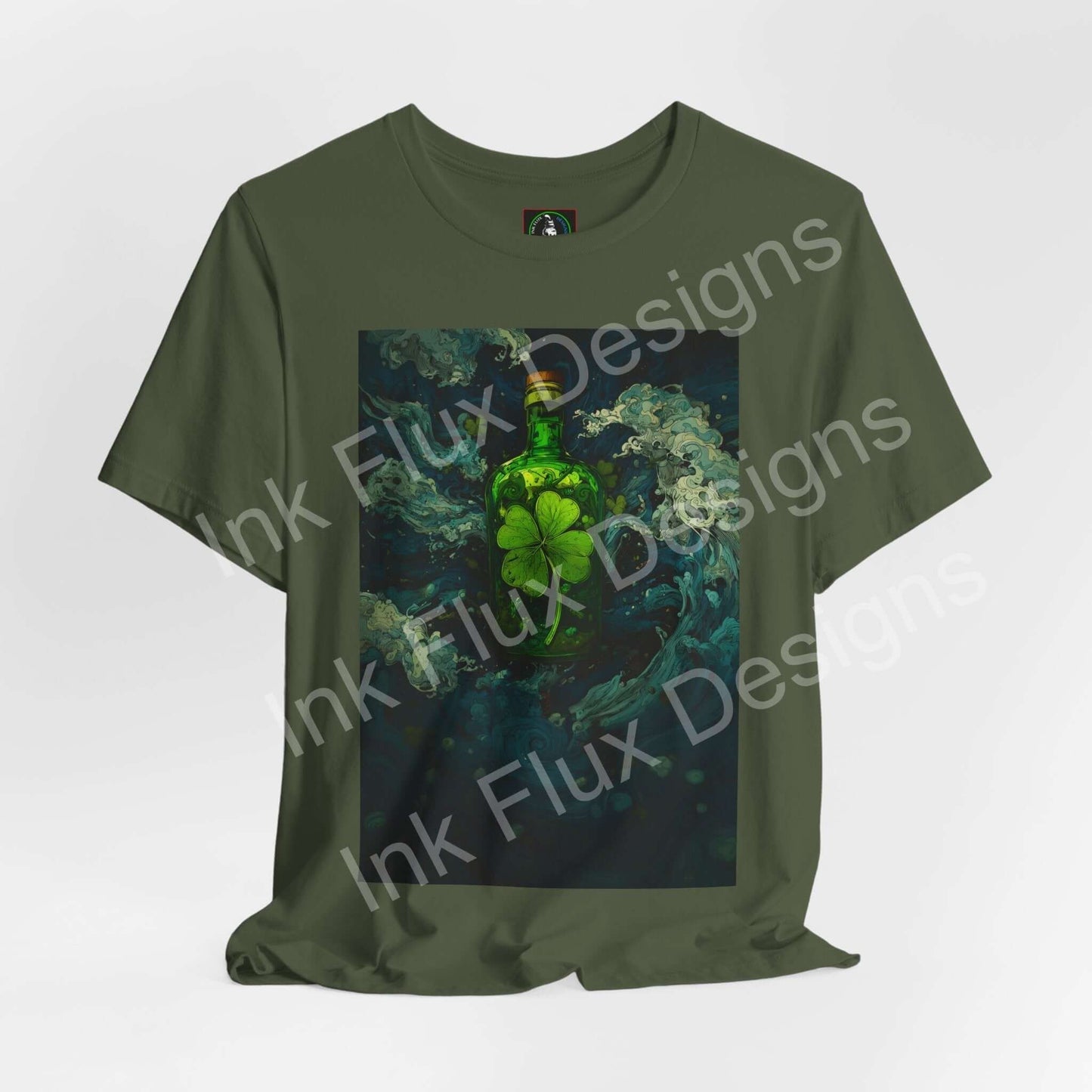 St. Patrick's Day T-Shirt featuring a Shamrock Brew bottle graphic design with swirls of green energy.