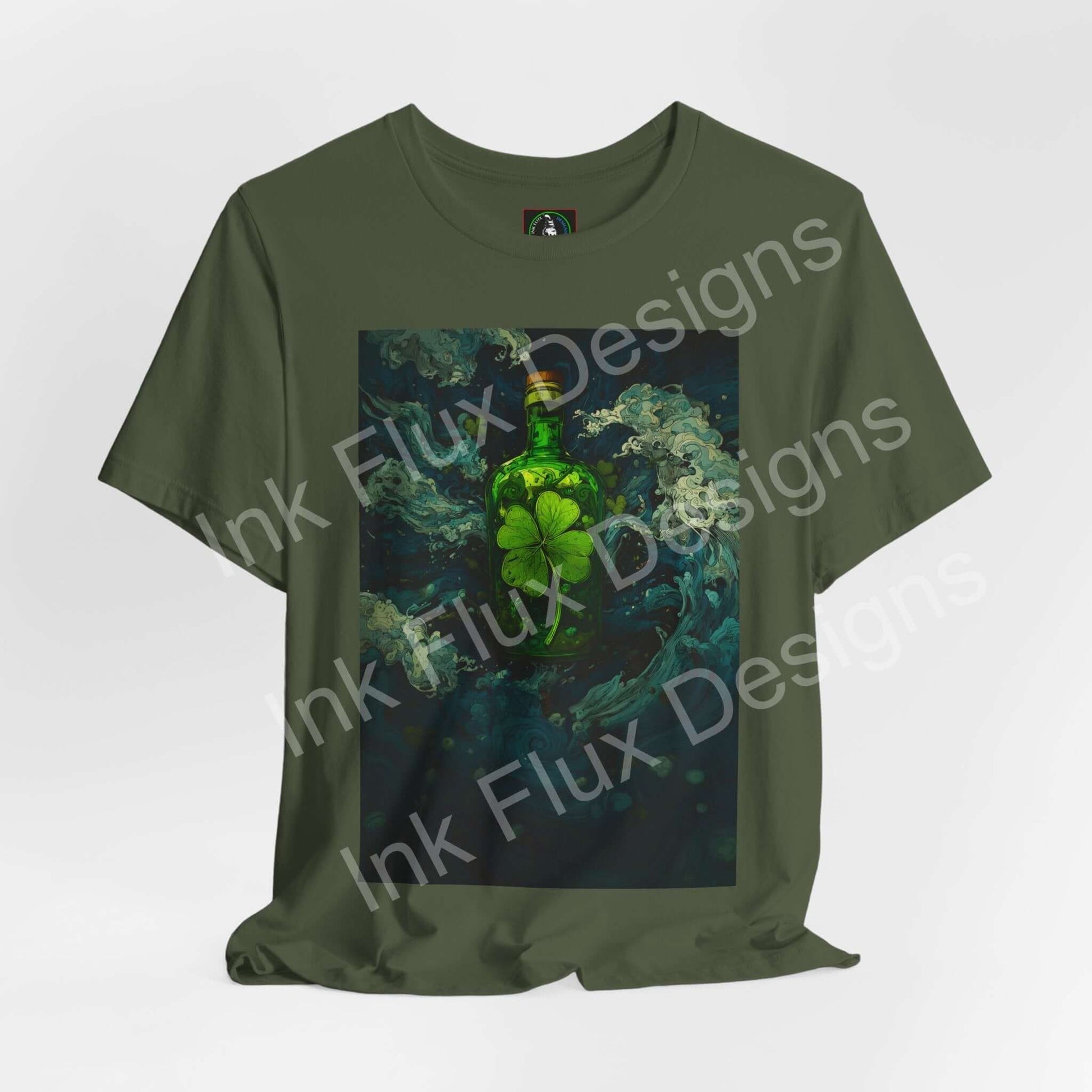 St. Patrick's Day T-Shirt featuring a Shamrock Brew bottle graphic design with swirls of green energy.
