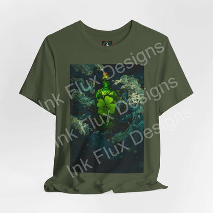 St. Patrick's Day T-Shirt featuring a Shamrock Brew bottle graphic design with swirls of green energy.