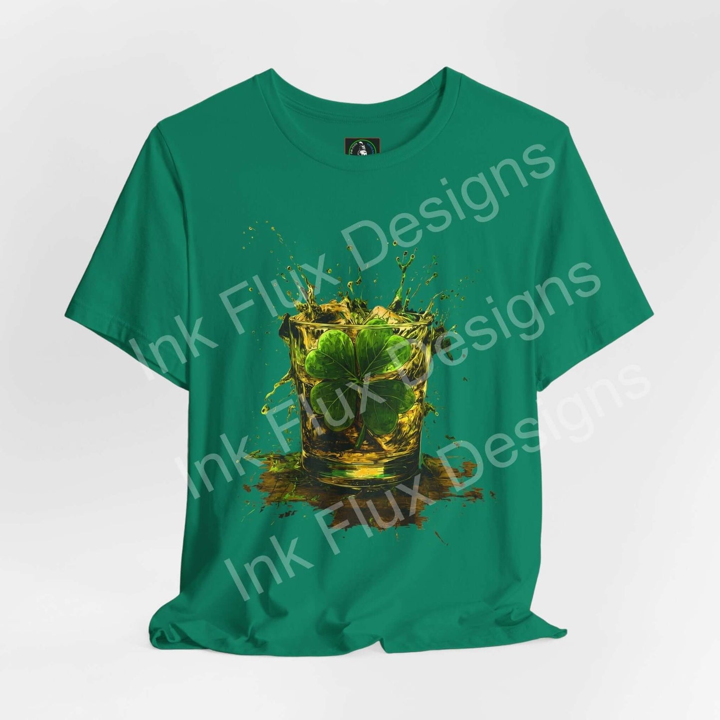 St. Patrick's Day T-Shirt featuring a vibrant shamrock and splashes of color on a green tee.