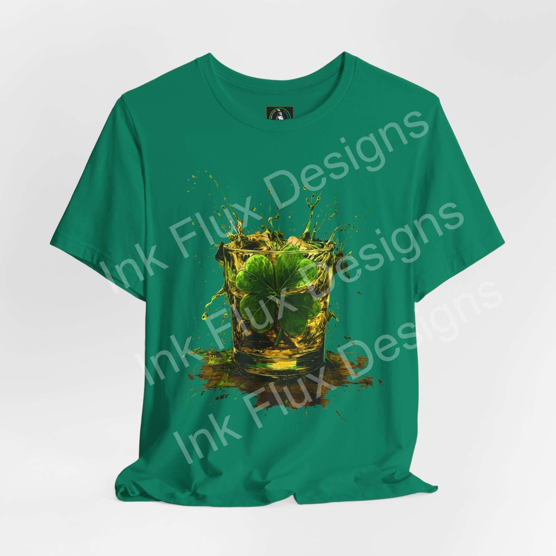 St. Patrick's Day T-Shirt featuring a vibrant shamrock and splashes of color on a green tee.