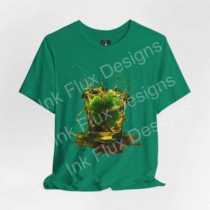 St. Patrick's Day T-Shirt featuring a vibrant shamrock and splashes of color on a green tee.