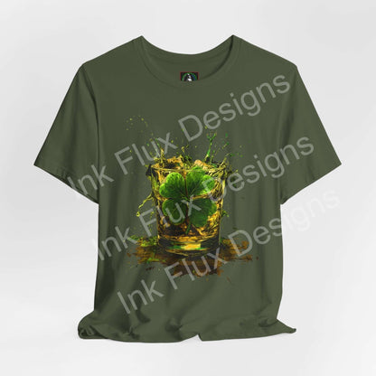 St. Patrick's Day T-Shirt featuring a vibrant shamrock burst design with splashes of color.