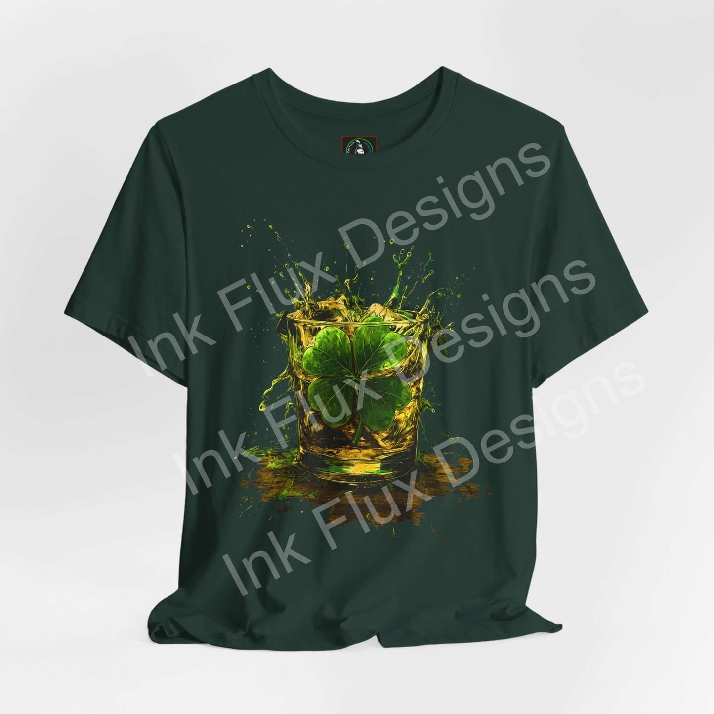 St. Patrick's Day T-Shirt featuring a shamrock burst design with a glass and clover splash.