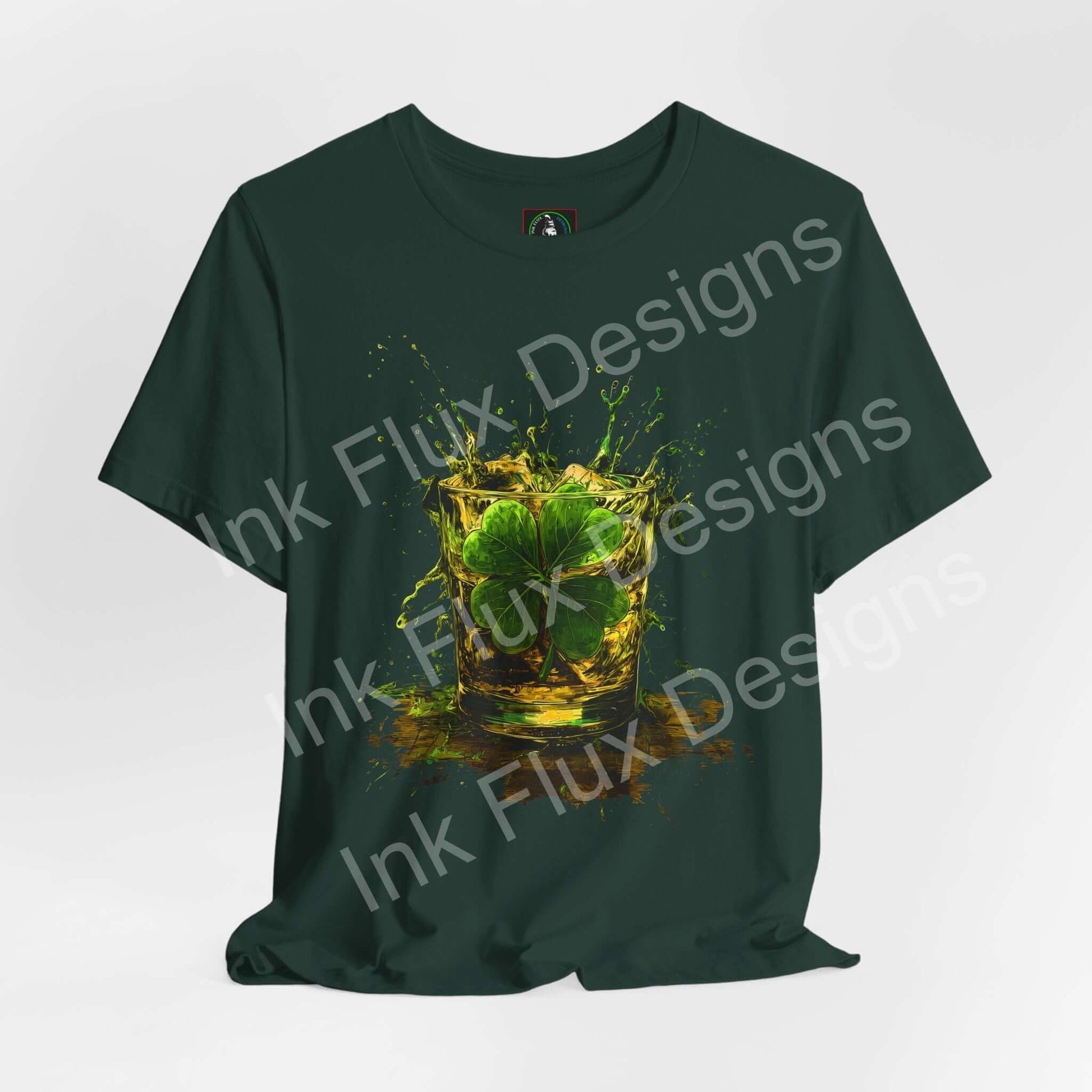 St. Patrick's Day T-Shirt featuring a shamrock burst design with a glass and clover splash.