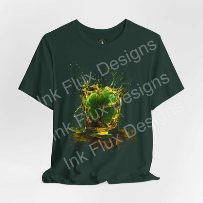 St. Patrick's Day T-Shirt featuring a shamrock burst design with a glass and clover splash.