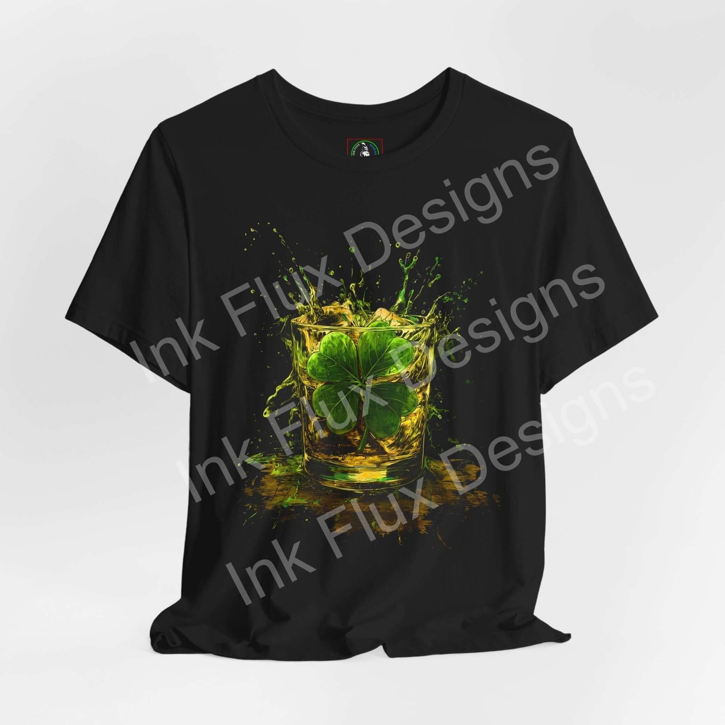 St. Patrick's Day T-Shirt featuring a vibrant shamrock design with splashes of color on a black tee.