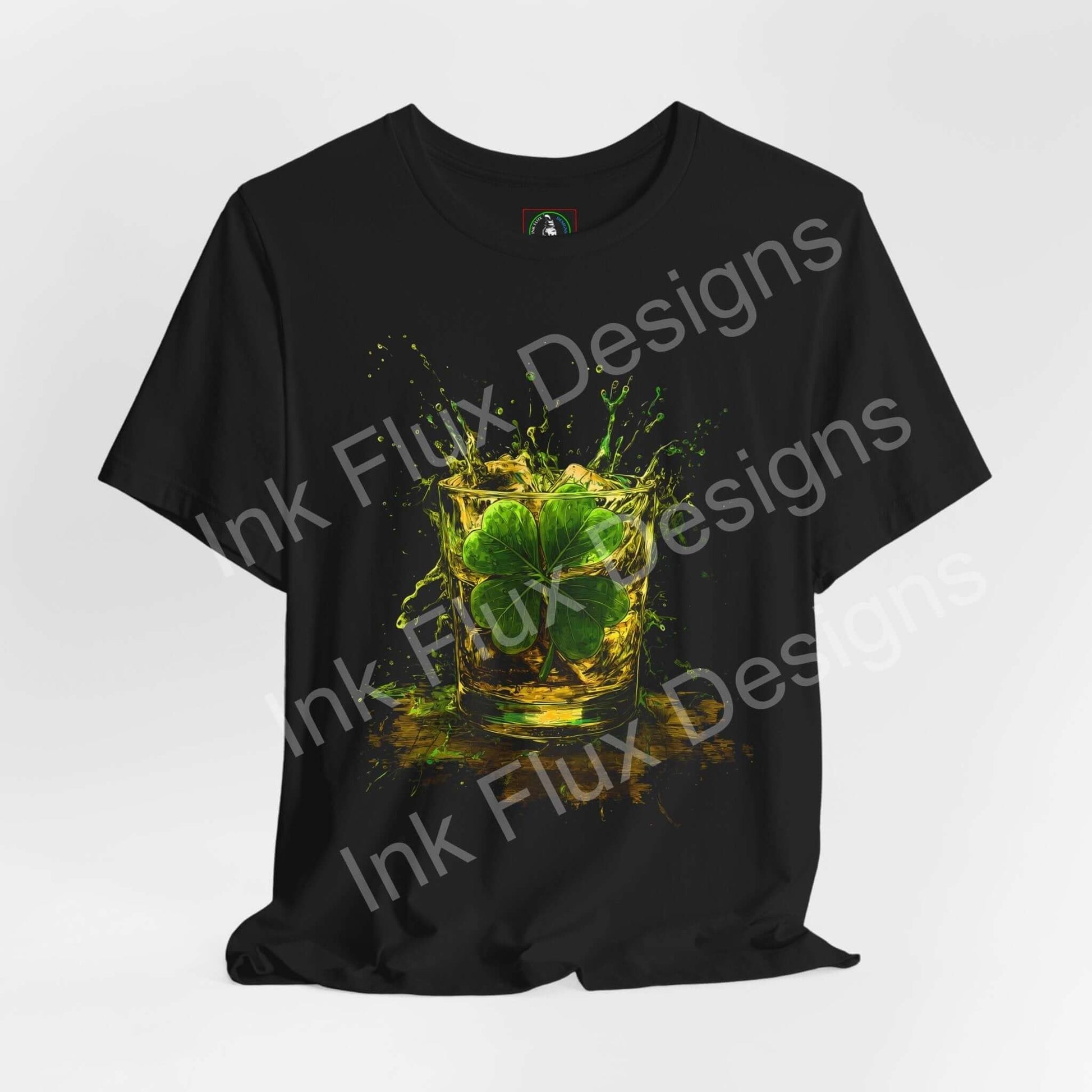 St. Patrick's Day T-Shirt featuring a vibrant shamrock design with splashes of color on a black tee.