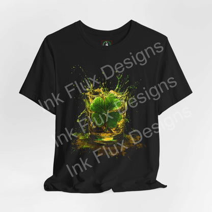 St. Patrick's Day T-Shirt featuring a vibrant shamrock design with splashes of color on a black tee.