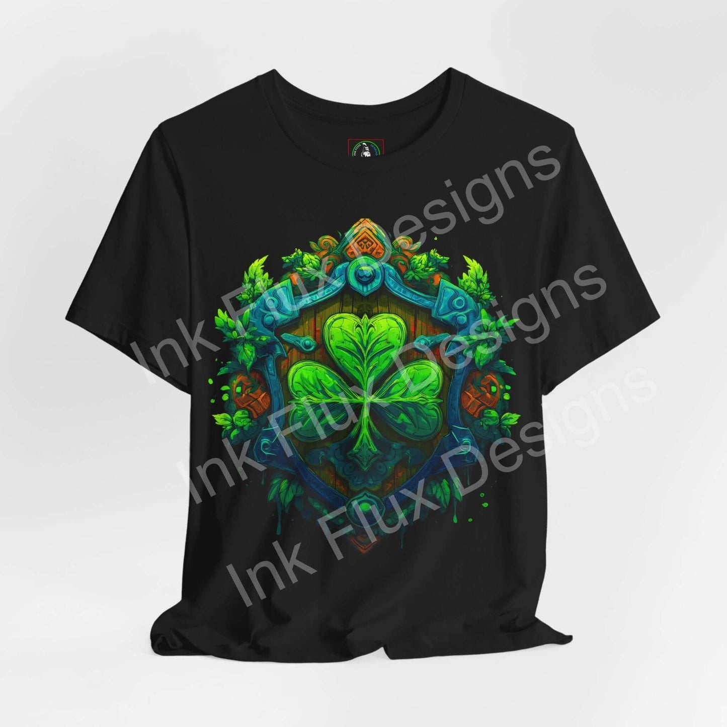 St. Patrick’s Day T-Shirt featuring a shamrock crest and shield graphic in vibrant green design.