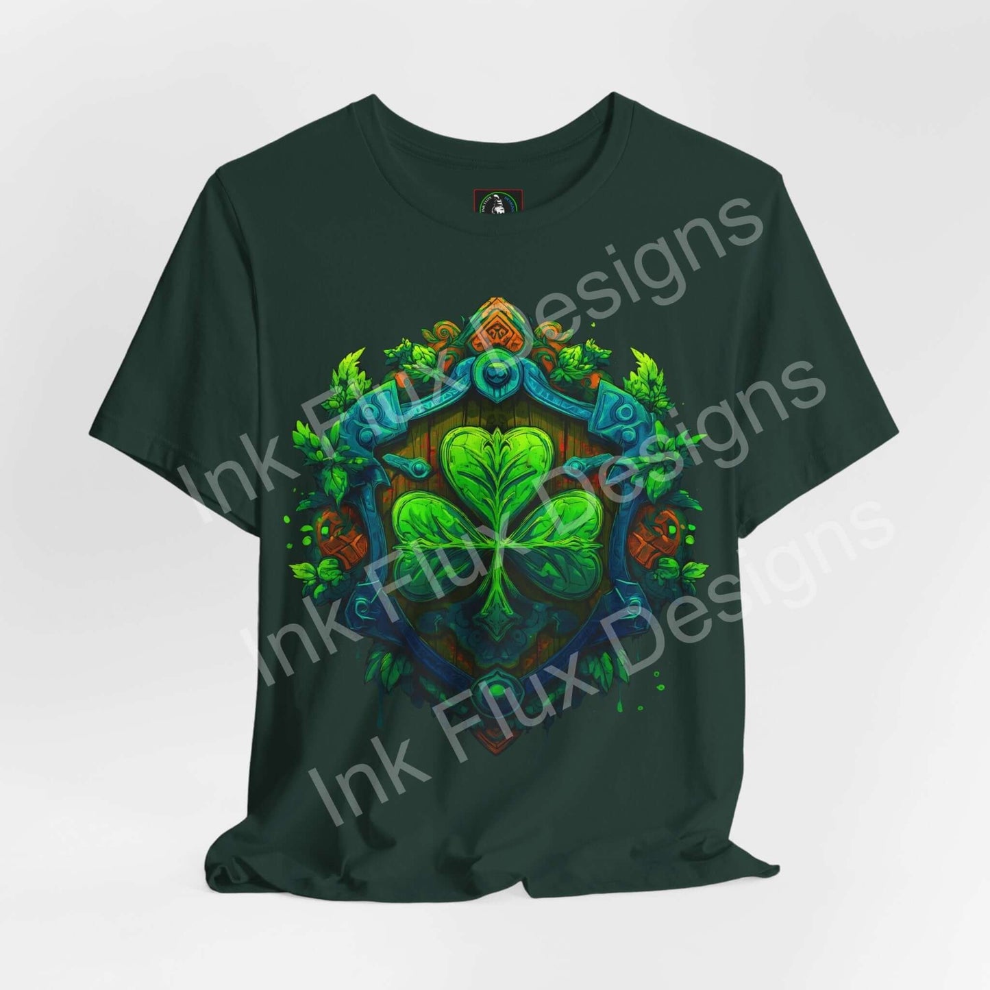 St. Patrick’s Day T-Shirt featuring a bold shamrock crest and intricate shield design on a green background.
