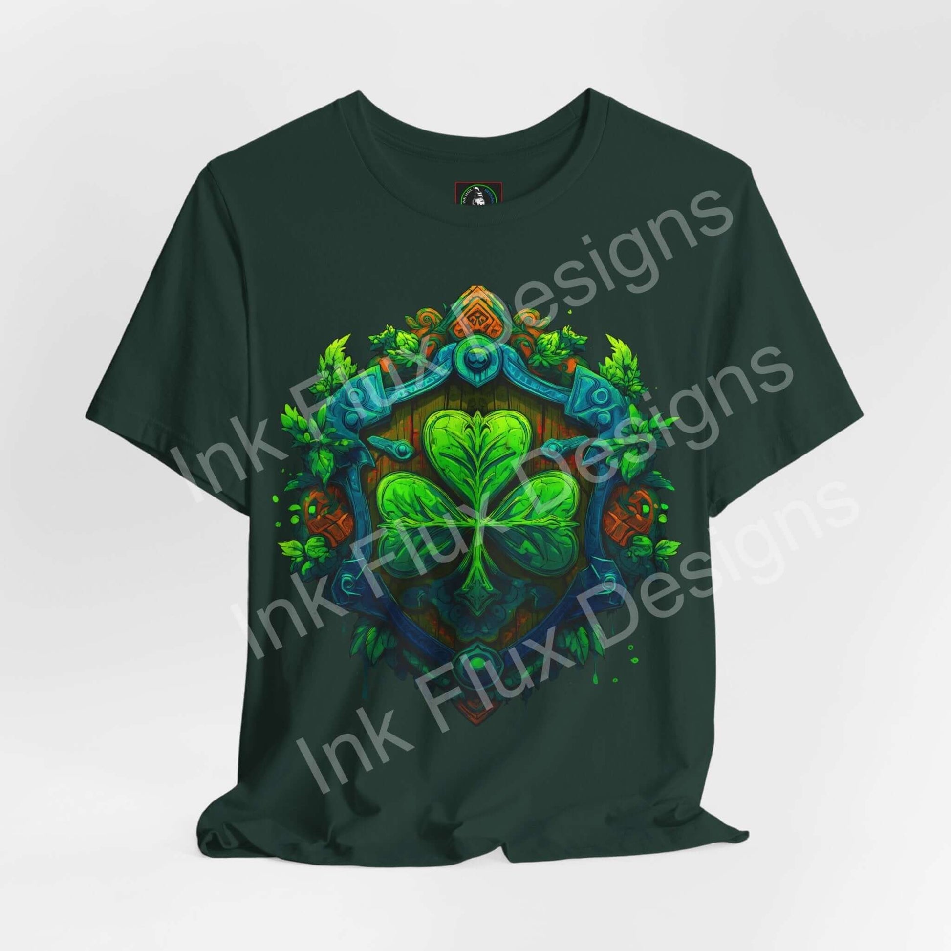 St. Patrick’s Day T-Shirt featuring a bold shamrock crest and intricate shield design on a green background.