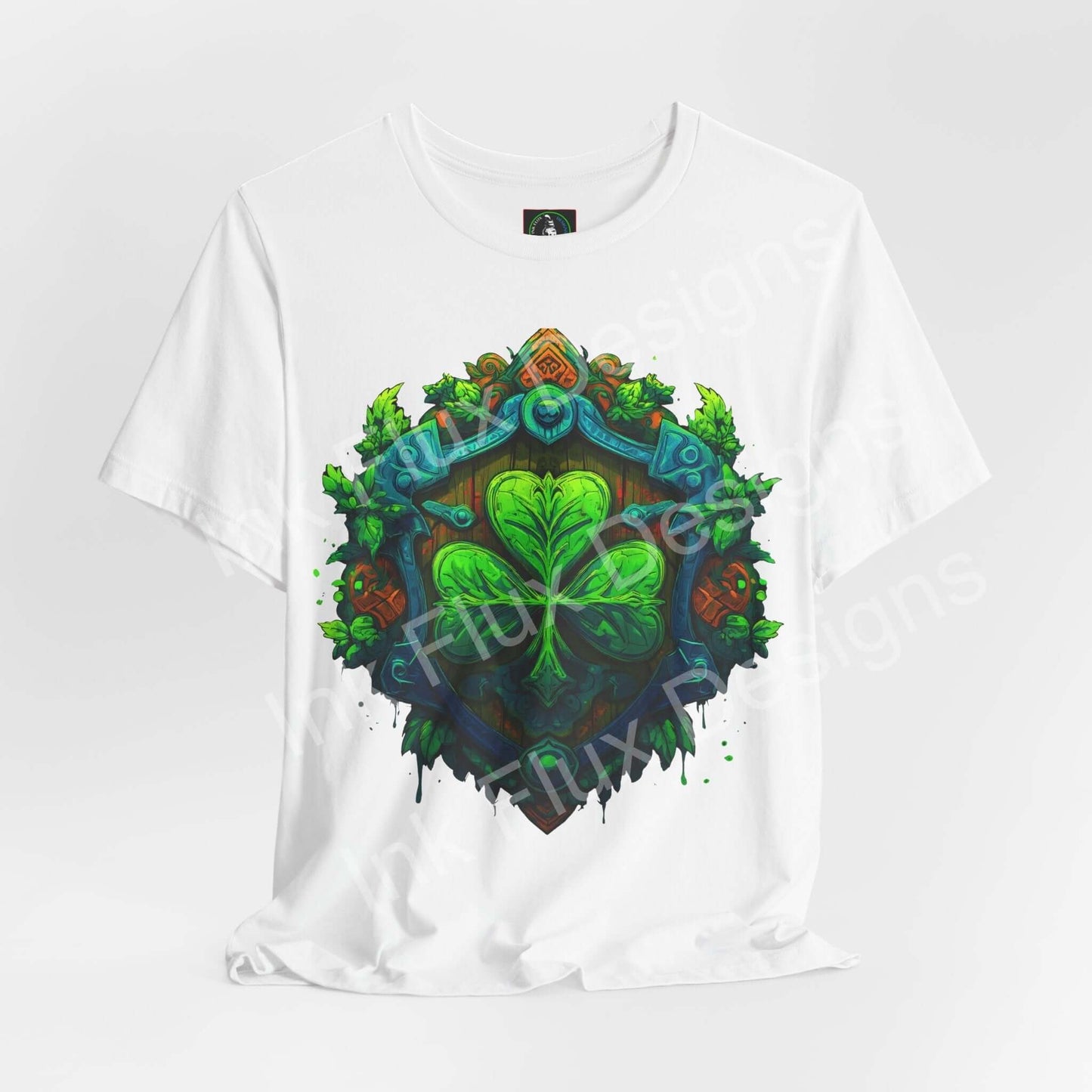 St. Patrick’s Day T-Shirt featuring a vibrant shamrock crest design on a white background.