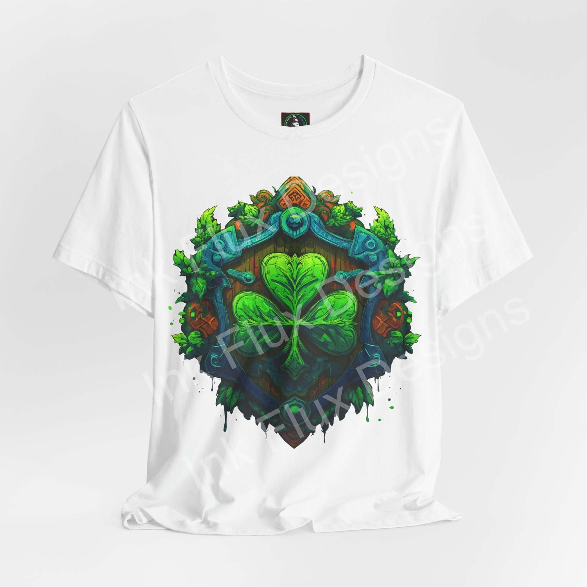 St. Patrick’s Day T-Shirt featuring a vibrant shamrock crest design on a white background.