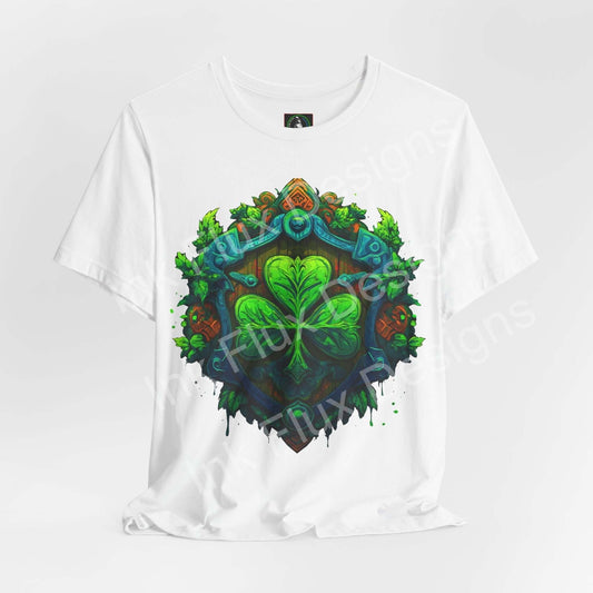 St. Patrick’s Day T-Shirt featuring a vibrant shamrock crest design on a white background.
