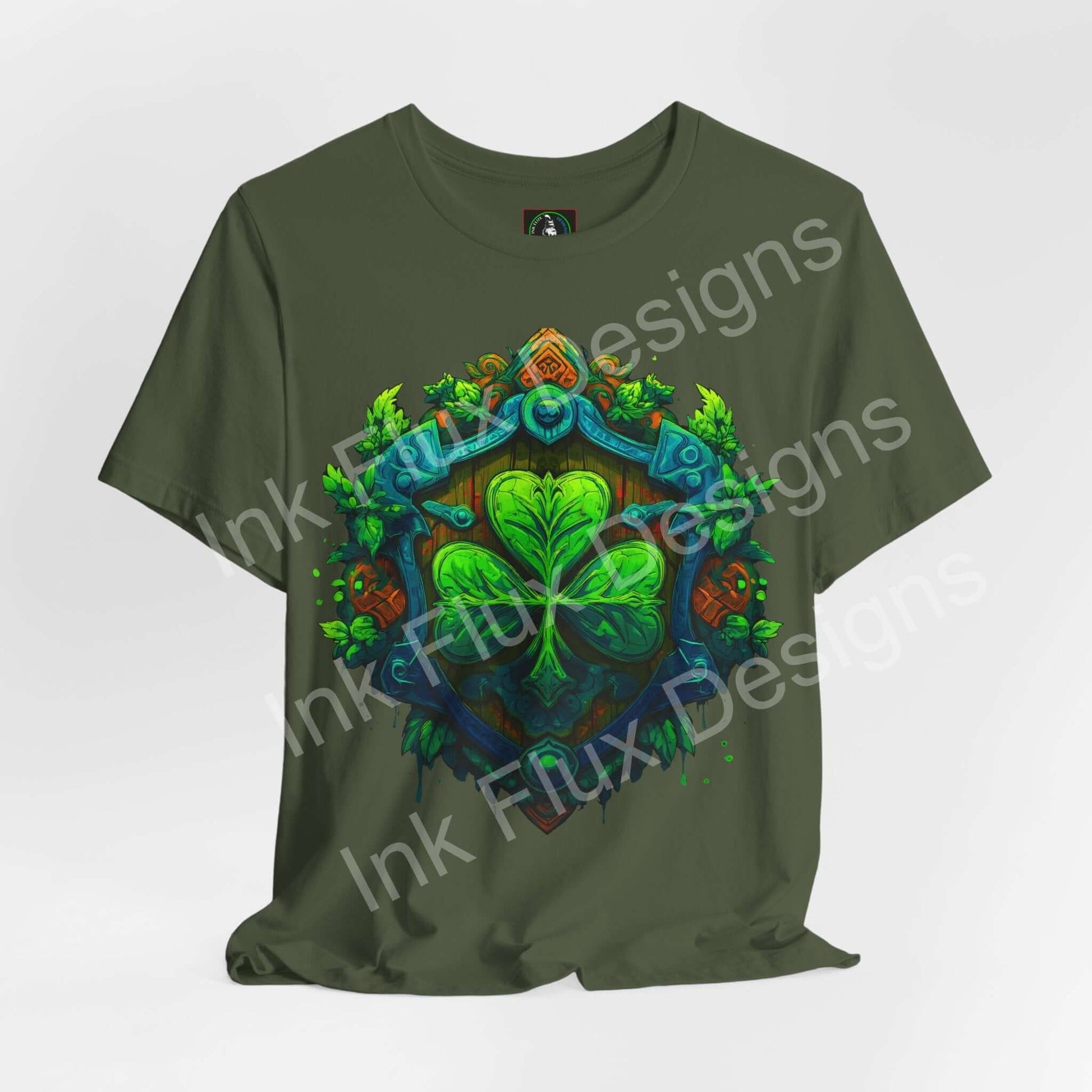 St. Patrick’s Day T-Shirt featuring a shamrock crest and shield graphic design in vibrant colors.