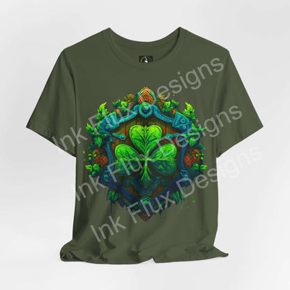St. Patrick’s Day T-Shirt featuring a shamrock crest and shield graphic design in vibrant colors.
