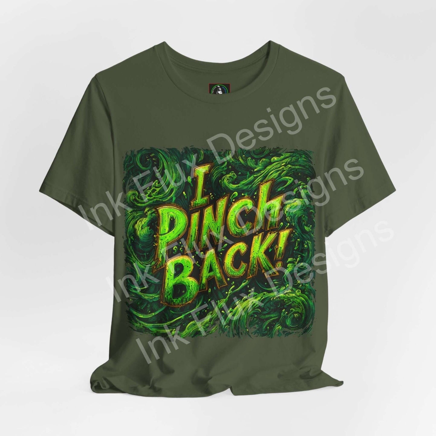 I Pinch Back! St. Patrick's Day T-Shirt featuring shamrock graphic design in green swirls.