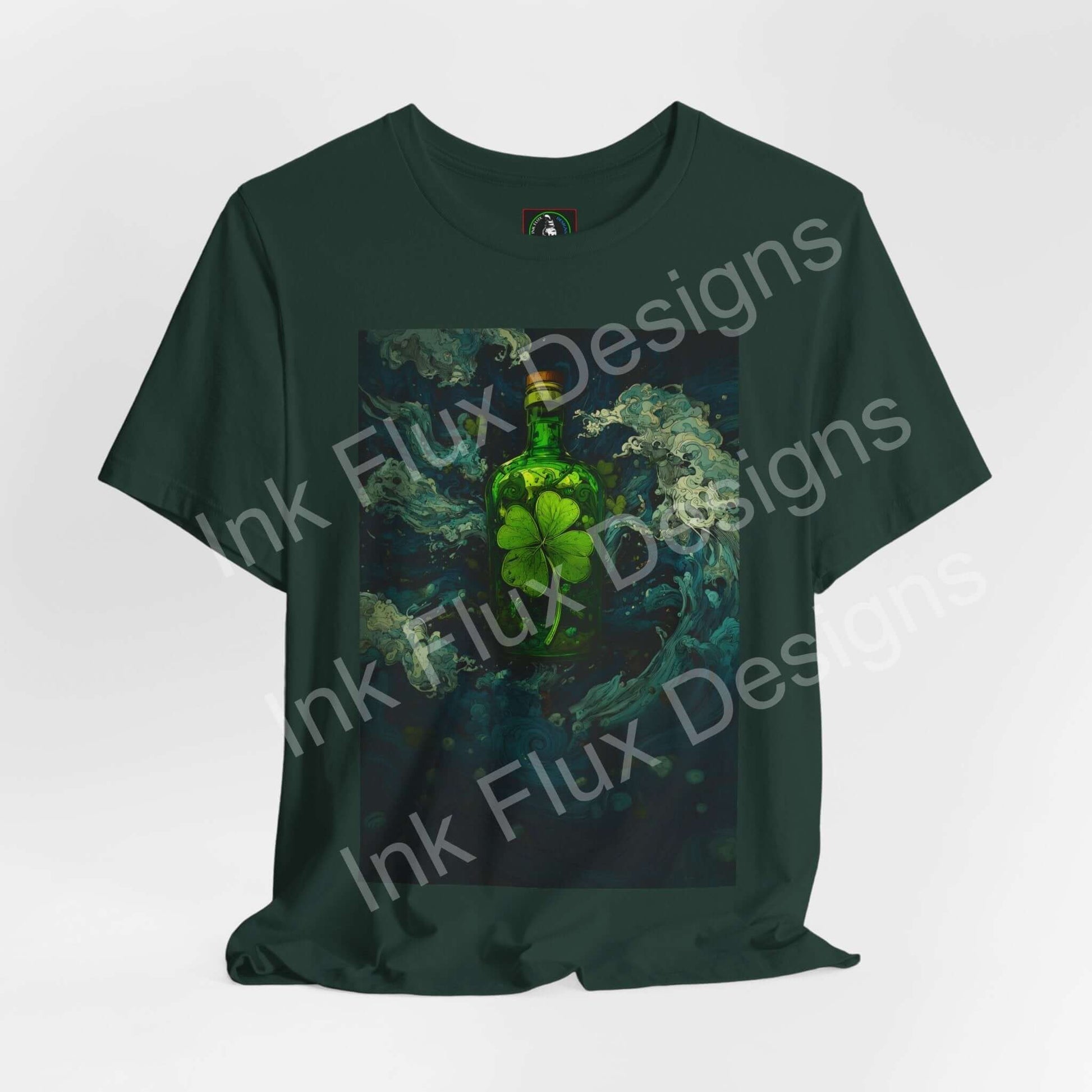 St. Patrick's Day T-Shirt featuring shamrock brew bottle graphic design with vibrant green colors.