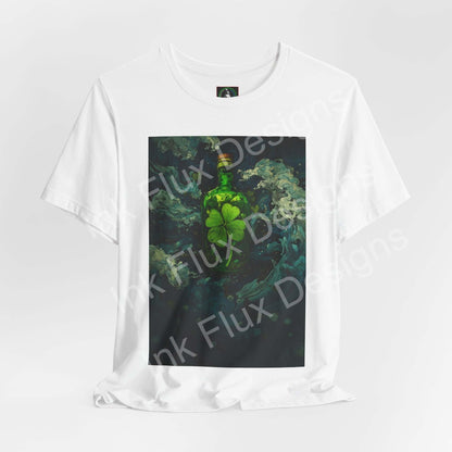 St. Patrick's Day T-Shirt featuring a shamrock brew bottle graphic on a white tee.