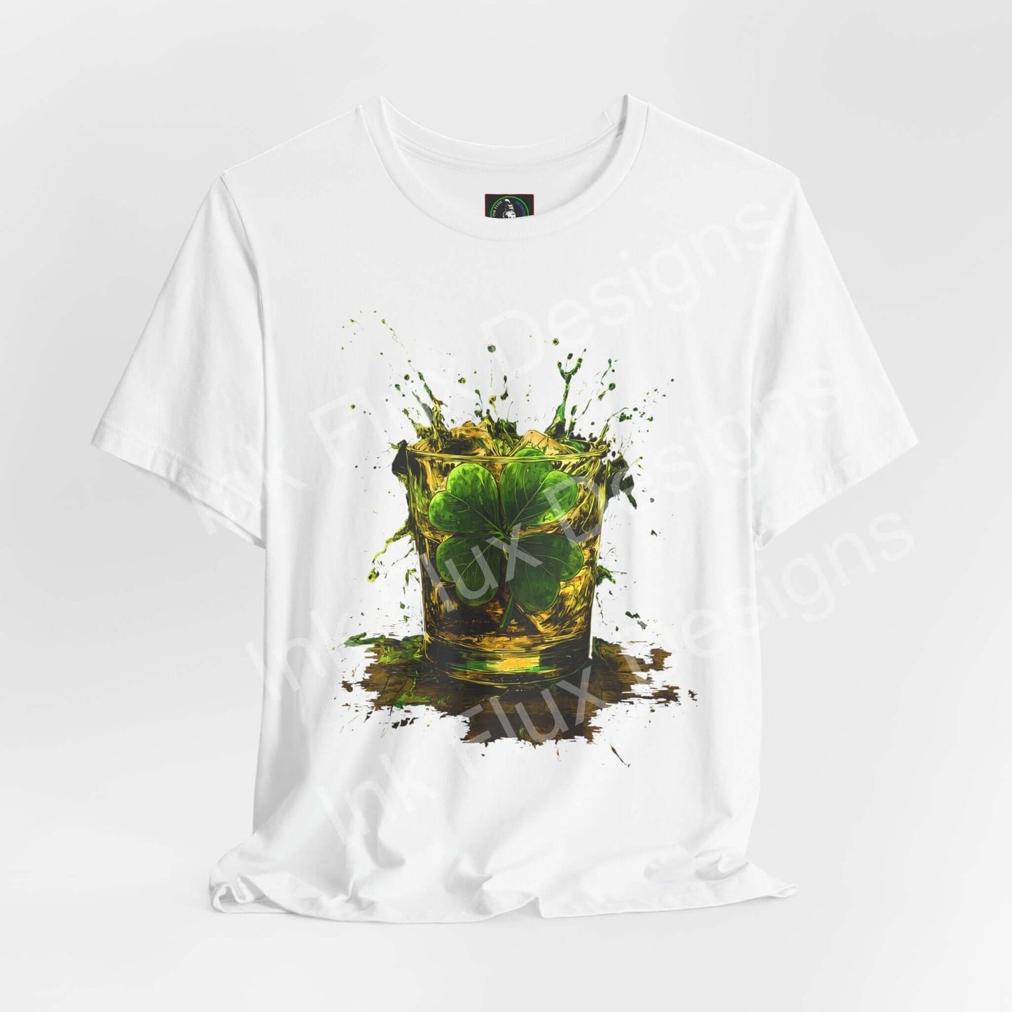 St. Patrick's Day T-Shirt featuring a shamrock burst and colorful splashes on a white background.