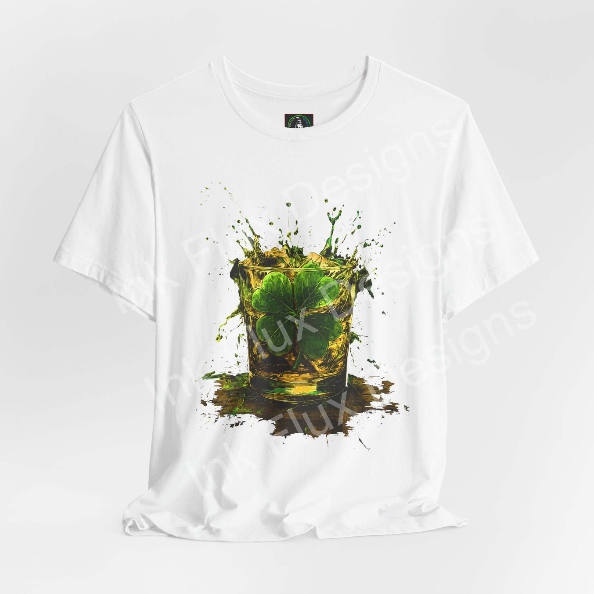 St. Patrick's Day T-Shirt featuring a shamrock burst and colorful splashes on a white background.