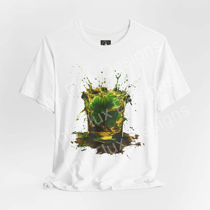 St. Patrick's Day T-Shirt featuring a shamrock burst and colorful splashes on a white background.