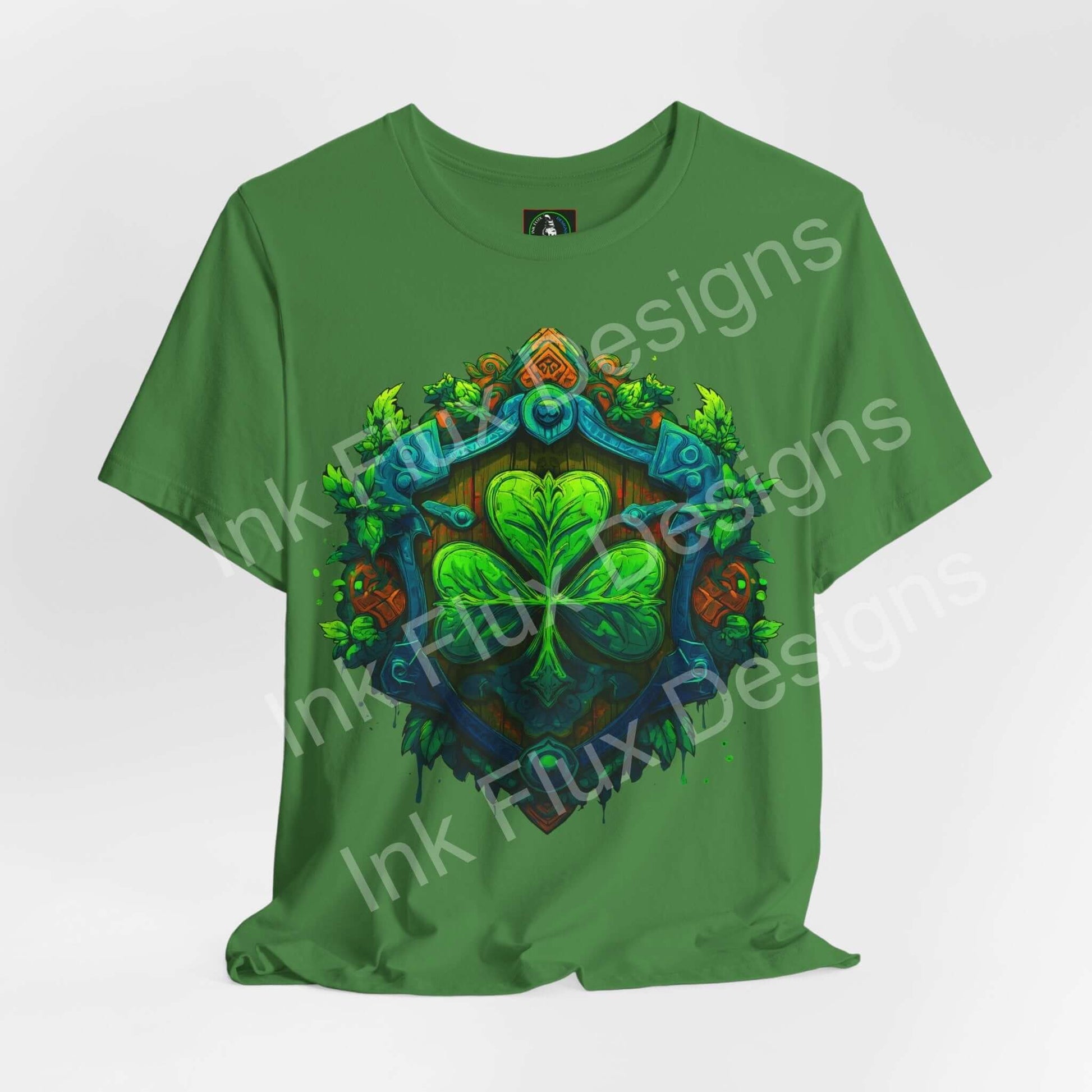 St. Patrick’s Day T-Shirt featuring a shamrock crest design on a green tee, perfect for celebrating Irish heritage.