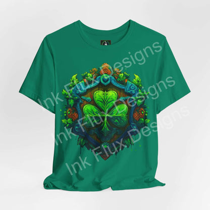 St. Patrick’s Day T-Shirt featuring a shamrock crest and shield graphic design, perfect for celebrating Irish heritage.