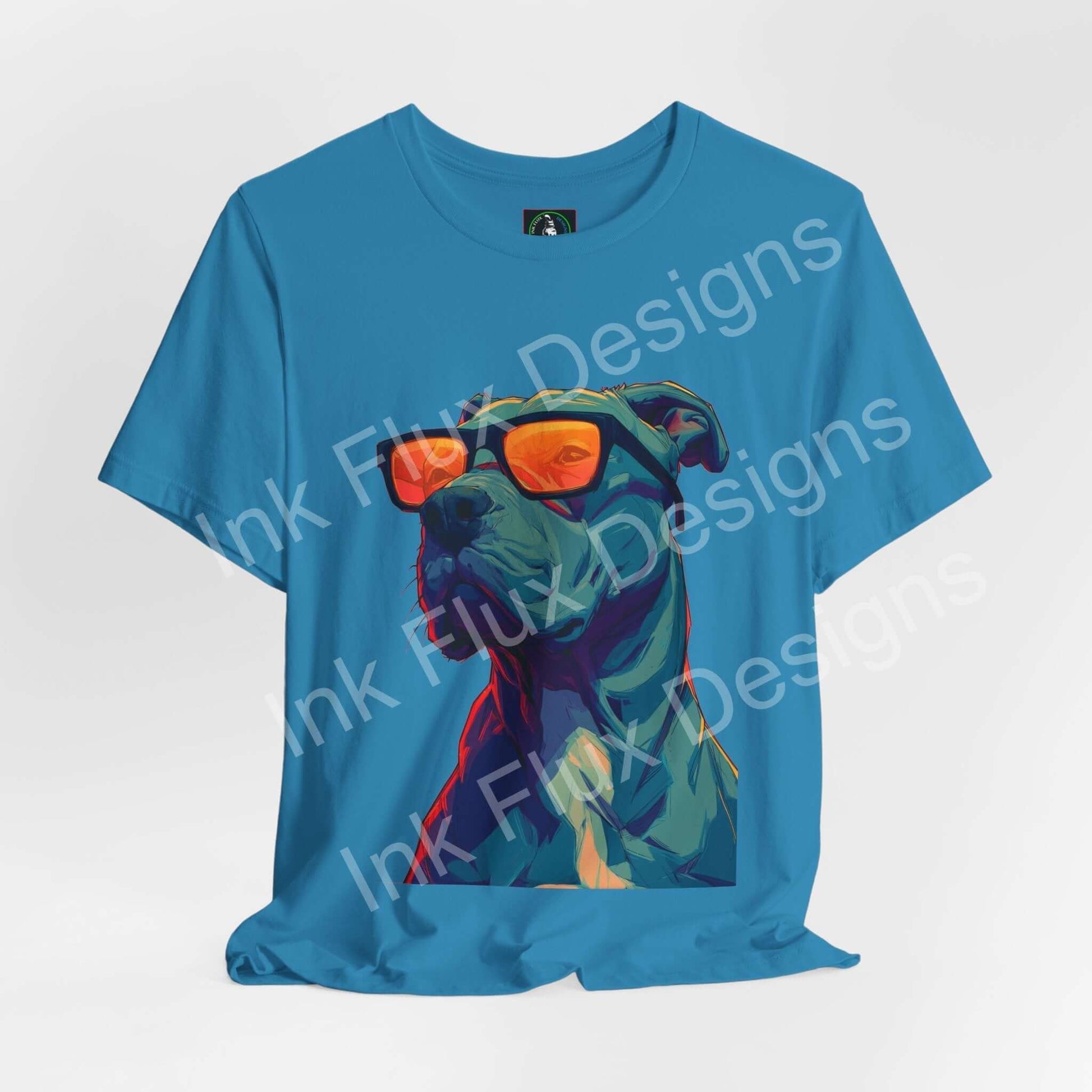 Dog T-Shirt featuring a cool pitbull graphic wearing sunglasses in vibrant colors.
